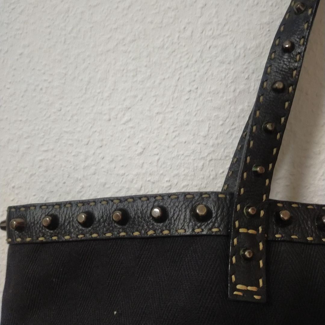 FENDI Borsa Hand Shoulder Bag Tote Purse Selleria Nylon Leather Black Authentic