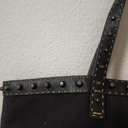 FENDI Borsa Hand Shoulder Bag Tote Purse Selleria Nylon Leather Black Authentic