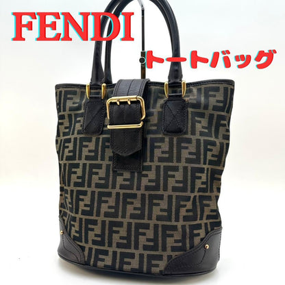 FENDI Hand Bag Tote Purse FF Zucca Canvas Leather Dark Brown Beige Black Auth