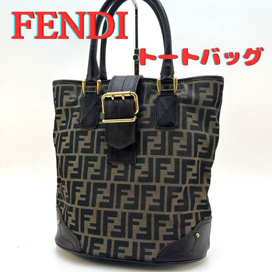 FENDI Hand Bag Tote Purse FF Zucca Canvas Leather Dark Brown Beige Black Auth