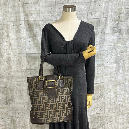 FENDI Hand Bag Tote Purse FF Zucca Canvas Leather Dark Brown Beige Black Auth