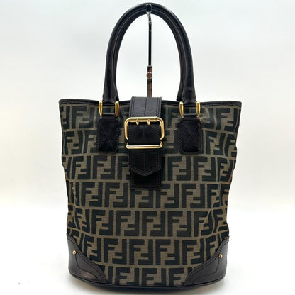 FENDI Hand Bag Tote Purse FF Zucca Canvas Leather Dark Brown Beige Black Auth