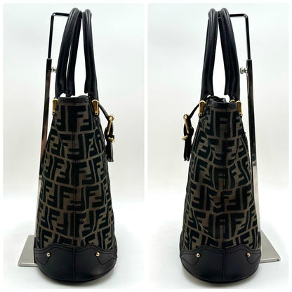 FENDI Hand Bag Tote Purse FF Zucca Canvas Leather Dark Brown Beige Black Auth