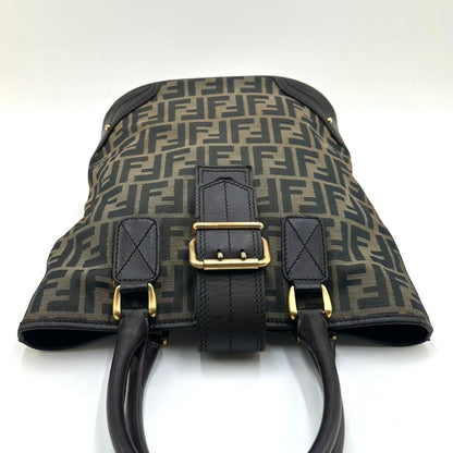 FENDI Hand Bag Tote Purse FF Zucca Canvas Leather Dark Brown Beige Black Auth