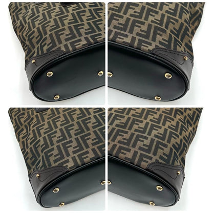 FENDI Hand Bag Tote Purse FF Zucca Canvas Leather Dark Brown Beige Black Auth