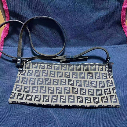 FENDI Shoulder Bag Purse FF Zucchino Canvas Beige Navy Authentic