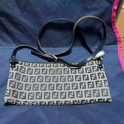 FENDI Shoulder Bag Purse FF Zucchino Canvas Beige Navy Authentic