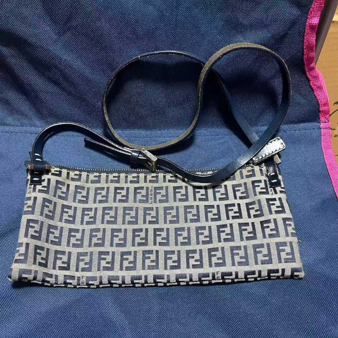 FENDI Shoulder Bag Purse FF Zucchino Canvas Beige Navy Authentic