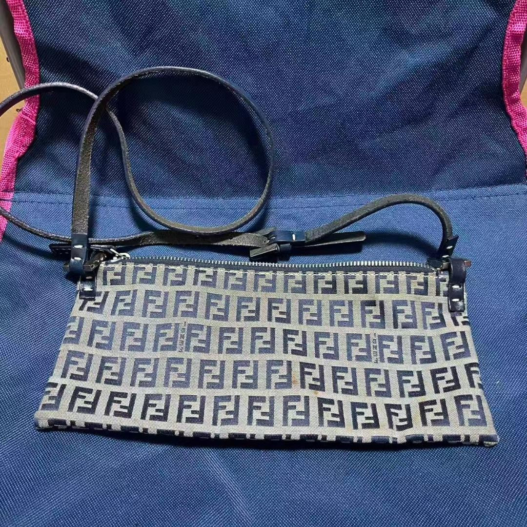 FENDI Shoulder Bag Purse FF Zucchino Canvas Beige Navy Authentic