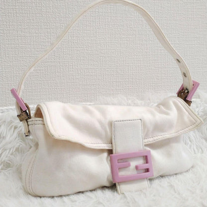 FENDI Shoulder Bag Purse FF Baguette Cotton Off White Pink Authentic