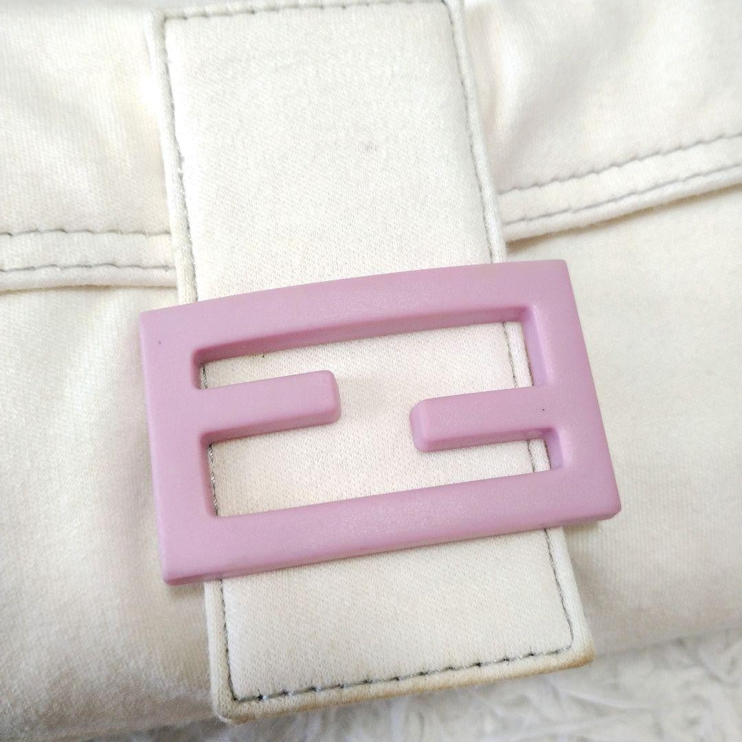 FENDI Shoulder Bag Purse FF Baguette Cotton Off White Pink Authentic