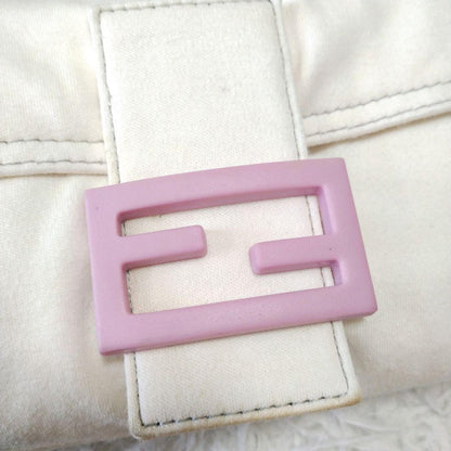 FENDI Shoulder Bag Purse FF Baguette Cotton Off White Pink Authentic