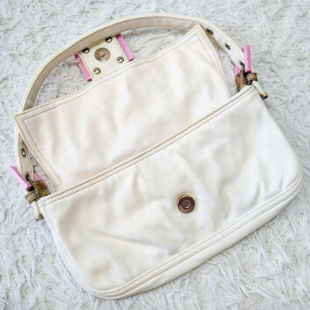 FENDI Shoulder Bag Purse FF Baguette Cotton Off White Pink Authentic