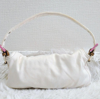 FENDI Shoulder Bag Purse FF Baguette Cotton Off White Pink Authentic
