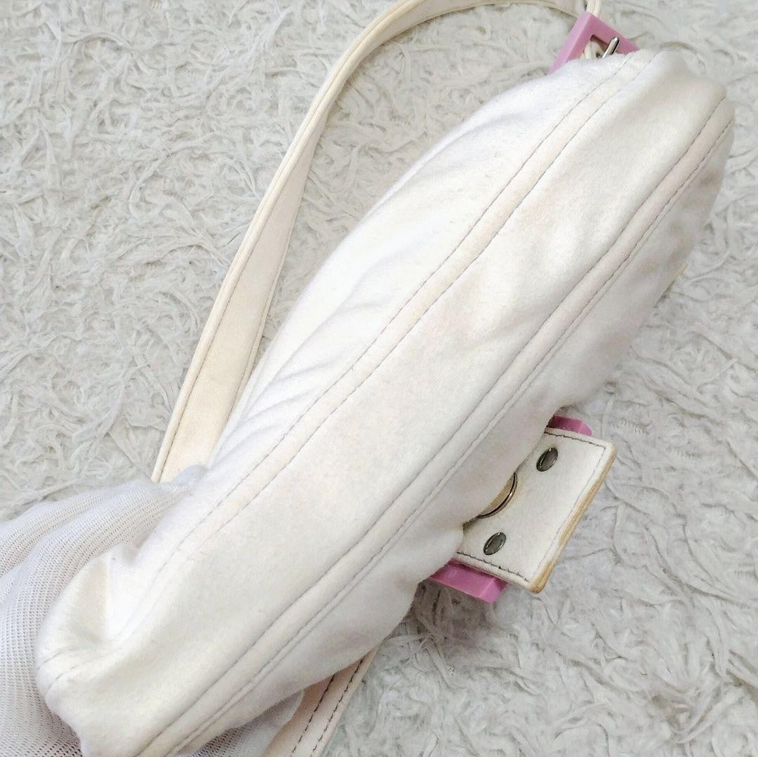 FENDI Shoulder Bag Purse FF Baguette Cotton Off White Pink Authentic