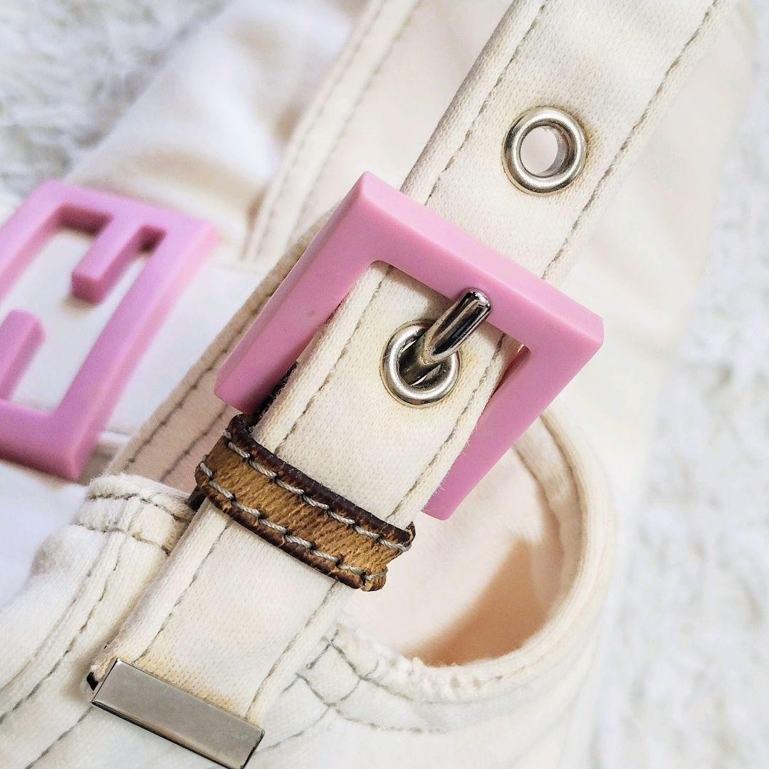 FENDI Shoulder Bag Purse FF Baguette Cotton Off White Pink Authentic