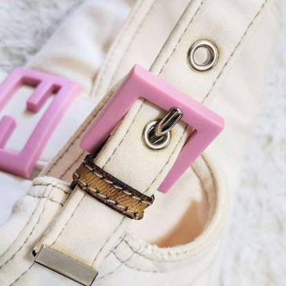 FENDI Shoulder Bag Purse FF Baguette Cotton Off White Pink Authentic