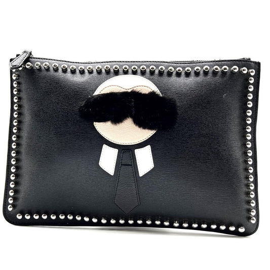 FENDI Clutch Bag Second Bag Studs Leather Black Silver Authentic