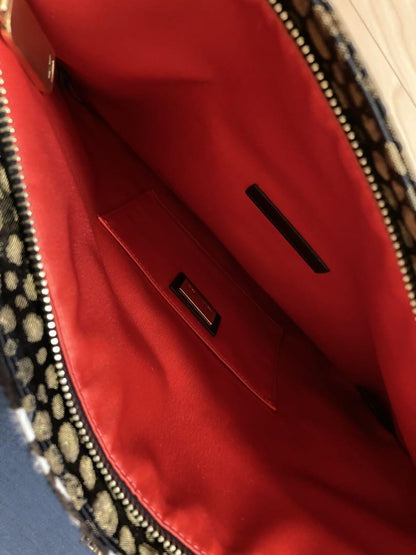 FENDI Clutch Bag Second Bag Canvas Fur Leopard Black Gold Authentic