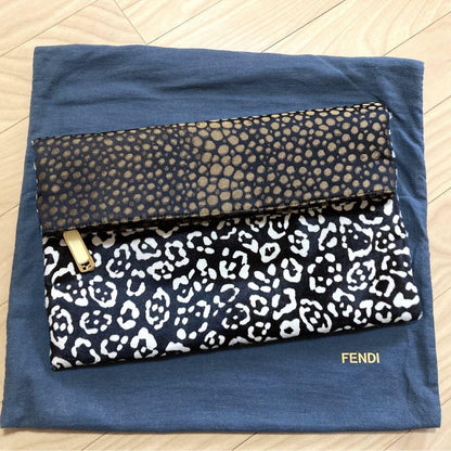 FENDI Clutch Bag Second Bag Canvas Fur Leopard Black Gold Authentic