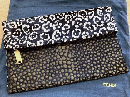 FENDI Clutch Bag Second Bag Canvas Fur Leopard Black Gold Authentic
