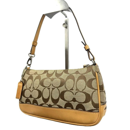COACH Accessory Pouch Hand Bag Tote Purse Signature Canvas Leather Beige Auth