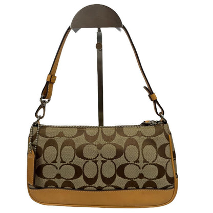COACH Accessory Pouch Hand Bag Tote Purse Signature Canvas Leather Beige Auth