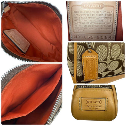 COACH Accessory Pouch Hand Bag Tote Purse Signature Canvas Leather Beige Auth