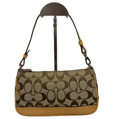 COACH Accessory Pouch Hand Bag Tote Purse Signature Canvas Leather Beige Auth