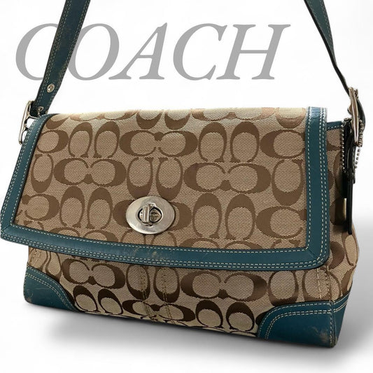 COACH Shoulder Bag Purse Signature Turn Lock Canvas Green Authentic
