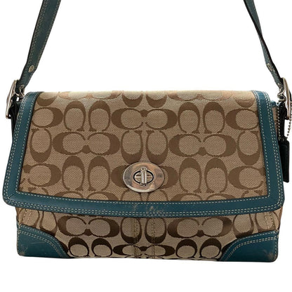 COACH Shoulder Bag Purse Signature Turn Lock Canvas Green Authentic