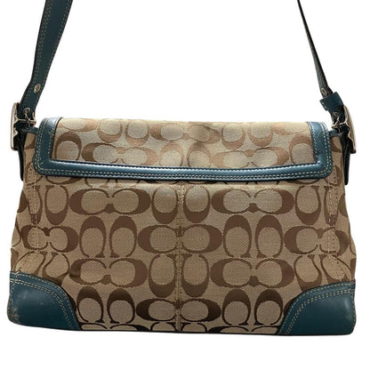 COACH Shoulder Bag Purse Signature Turn Lock Canvas Green Authentic