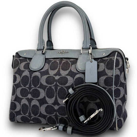 COACH Mini Boston Bag 2way Signature Canvas Denim Navy Blue Authentic