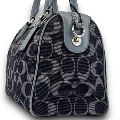 COACH Mini Boston Bag 2way Signature Canvas Denim Navy Blue Authentic