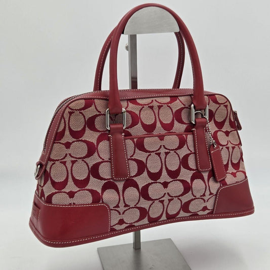 COACH Hand Bag Tote Purse Signature Canvas Leather Red Authentic