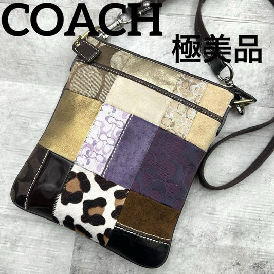 COACH Shoulder Bag Purse Signature 10514 Canvas Leather Brown Purple Gold Auth