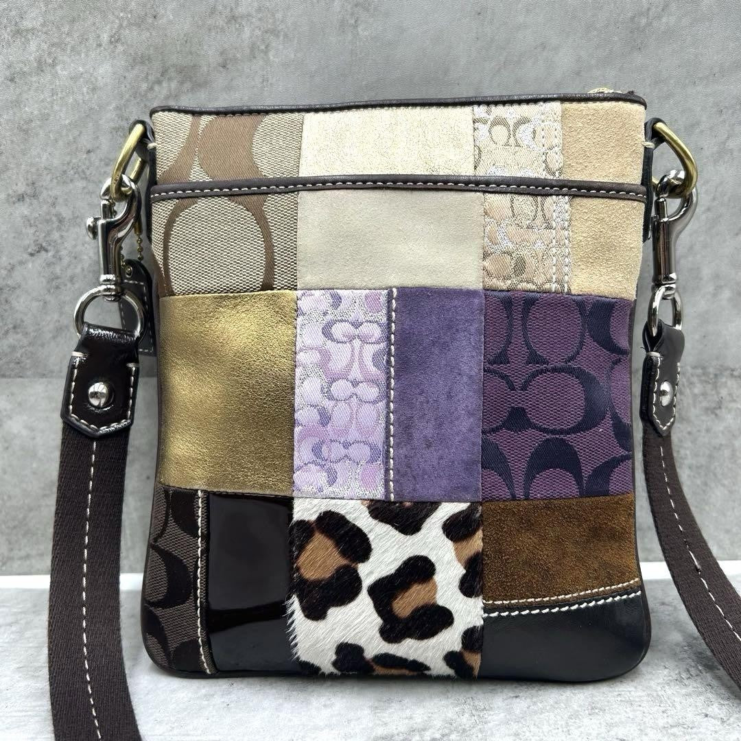 COACH Shoulder Bag Purse Signature 10514 Canvas Leather Brown Purple Gold Auth