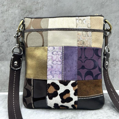 COACH Shoulder Bag Purse Signature 10514 Canvas Leather Brown Purple Gold Auth