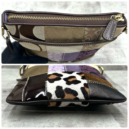 COACH Shoulder Bag Purse Signature 10514 Canvas Leather Brown Purple Gold Auth