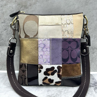 COACH Shoulder Bag Purse Signature 10514 Canvas Leather Brown Purple Gold Auth