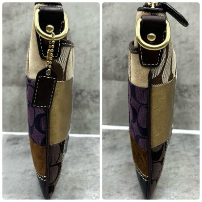COACH Shoulder Bag Purse Signature 10514 Canvas Leather Brown Purple Gold Auth