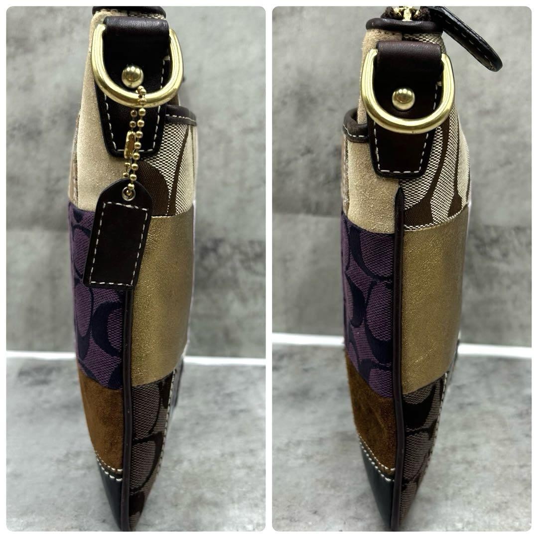 COACH Shoulder Bag Purse Signature 10514 Canvas Leather Brown Purple Gold Auth