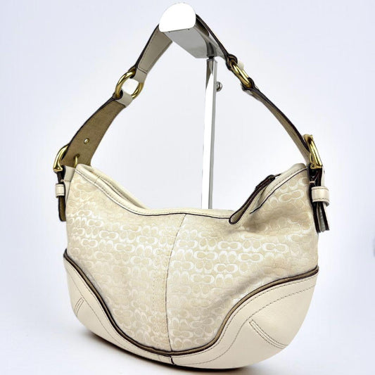 COACH Accessory Pouch Hand Bag Tote Purse Signature Canvas Leather White Gold