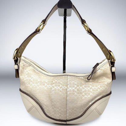 COACH Accessory Pouch Hand Bag Tote Purse Signature Canvas Leather White Gold
