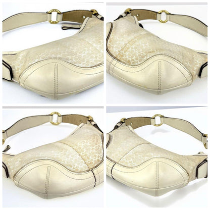 COACH Accessory Pouch Hand Bag Tote Purse Signature Canvas Leather White Gold