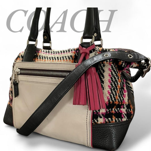 COACH Hand Shoulder Bag Tote Purse 2way 21543 Tweed Leather Multicolor Authentic
