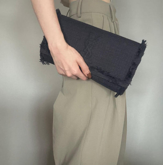 Yves Saint Laurent YSL Clutch Bag Purse Cassandra Handbag Canvas Leather Navy