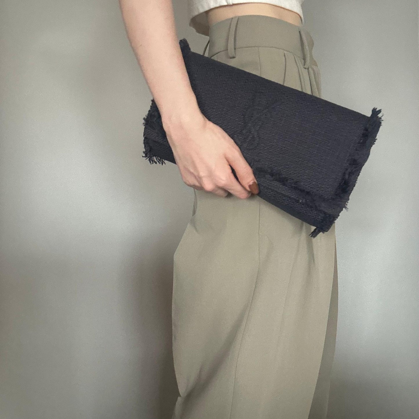 Yves Saint Laurent YSL Clutch Bag Purse Cassandra Handbag Canvas Leather Navy