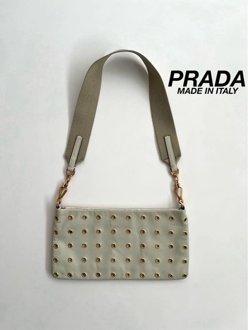 PRADA Shoulder Bag Purse Leather Beige Gold Authentic