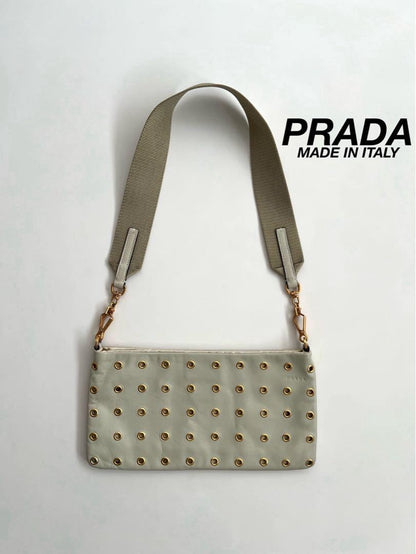 PRADA Shoulder Bag Purse Leather Beige Gold Authentic